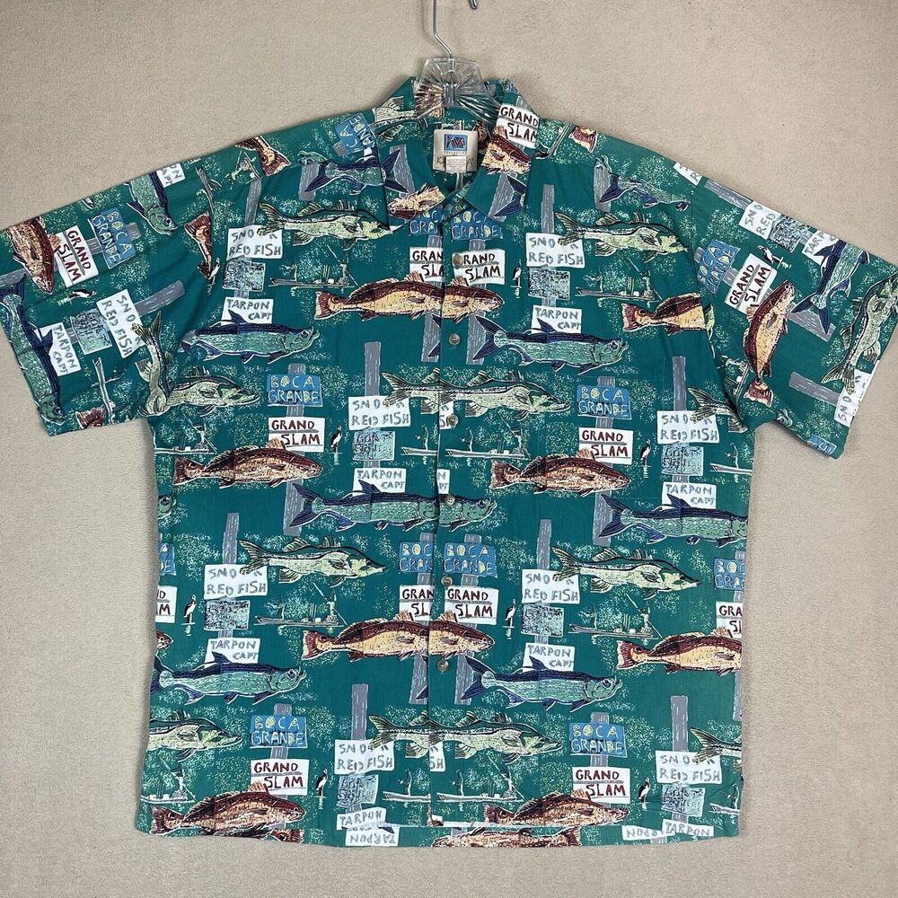 KAHALA Shirt Mens Large Green Animal Print Hawaiian Short Sleeve Fisherman Shirt